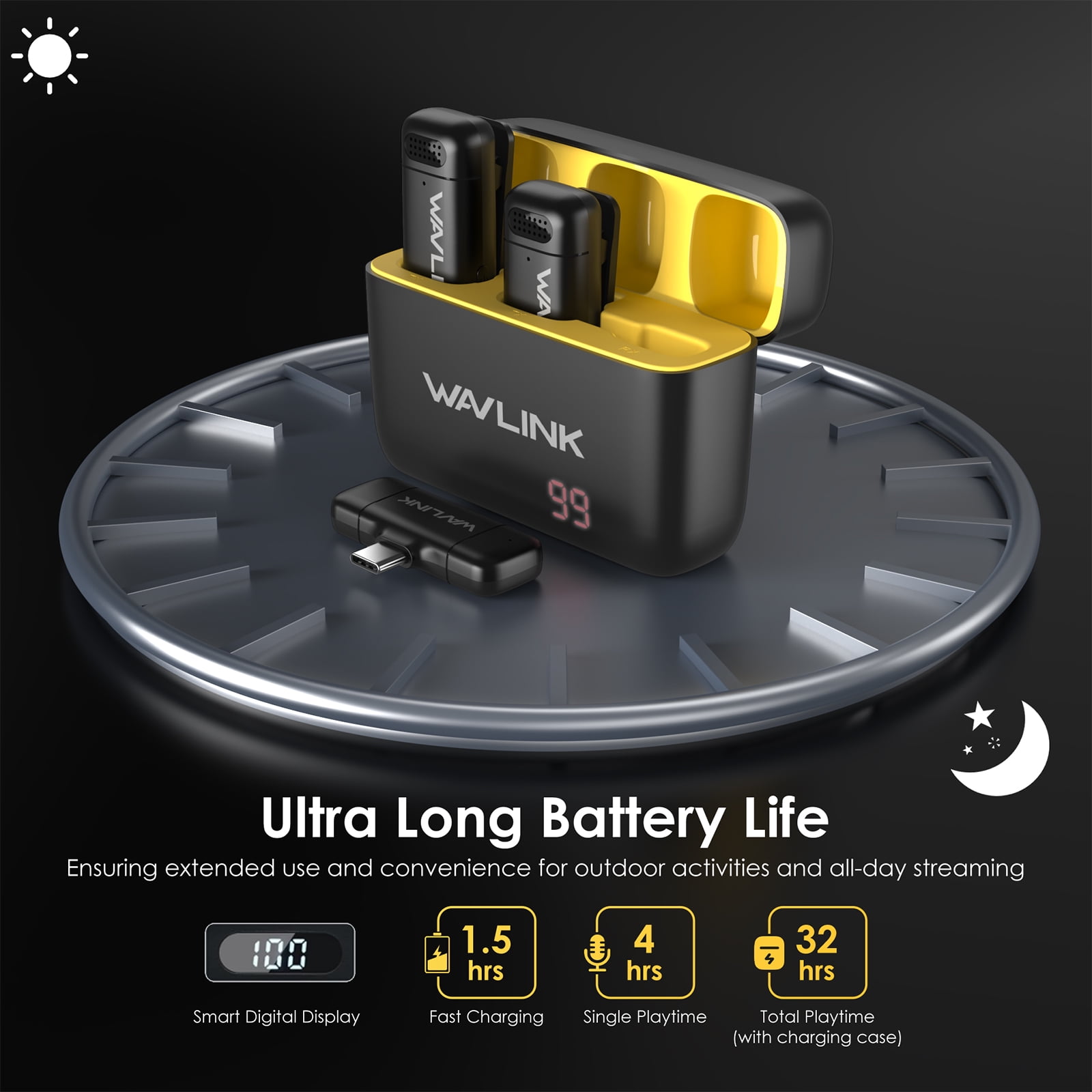 WAVLINK Wireless Mic, Dual Mini Mic with USB Battery Case, Lavalier Microphone for Video Recording