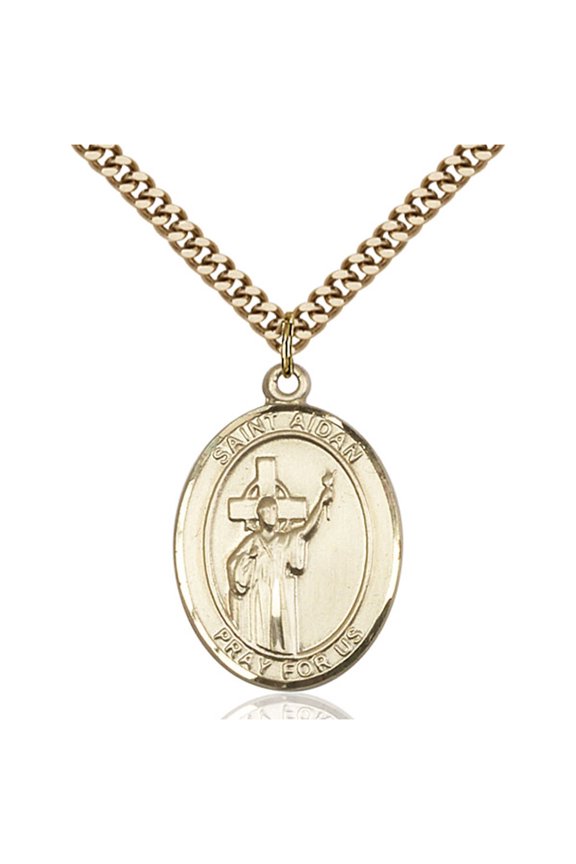 Gold Filled St. Aidan Of Lindesfarne Pendant 1 x 3/4 inches with Heavy Curb Chain