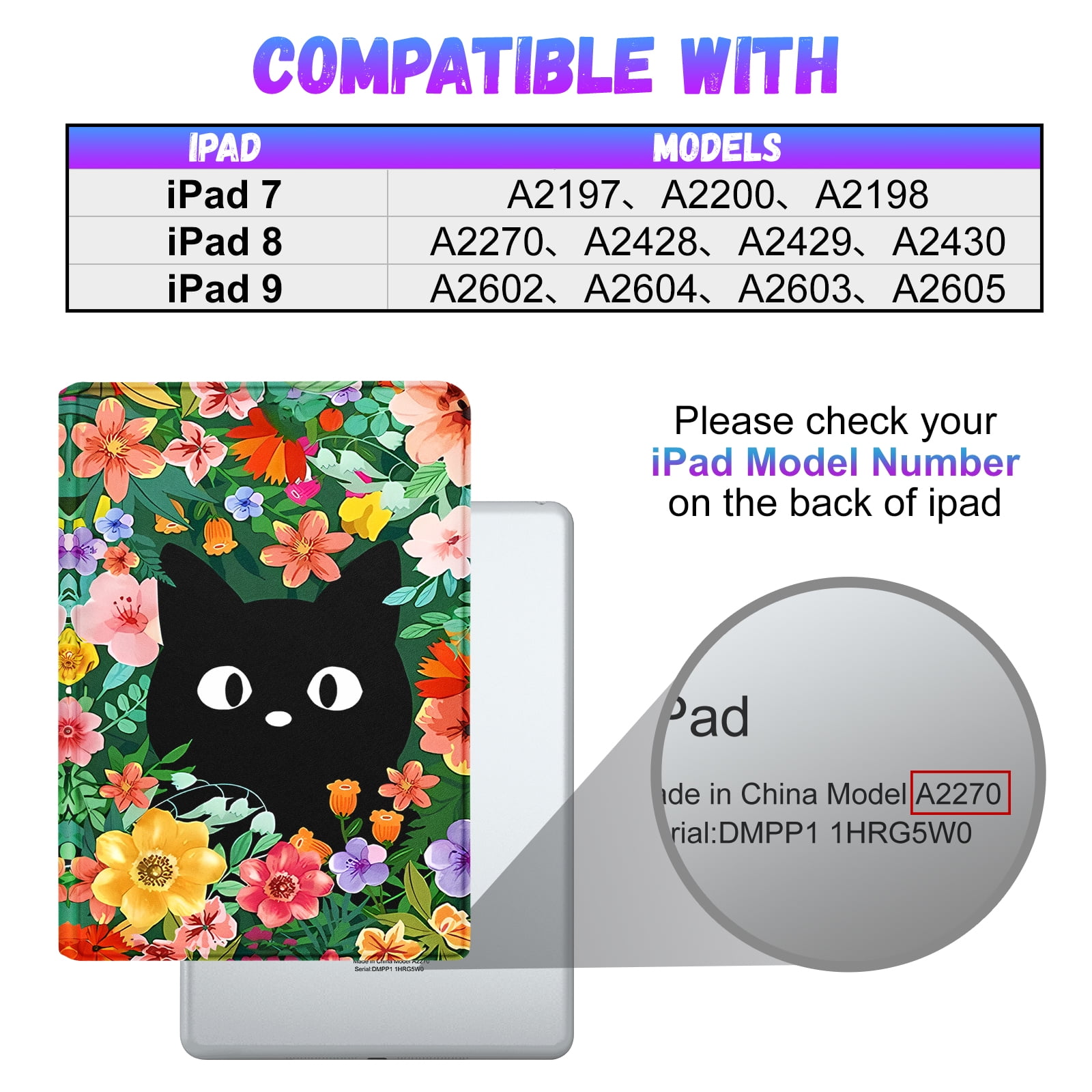Gemfits Case for iPad 7/8/9 - Flexible Soft TPU Stand Back Cover with Pencil Holder, Auto Sleep/Wake, Cat-Flower