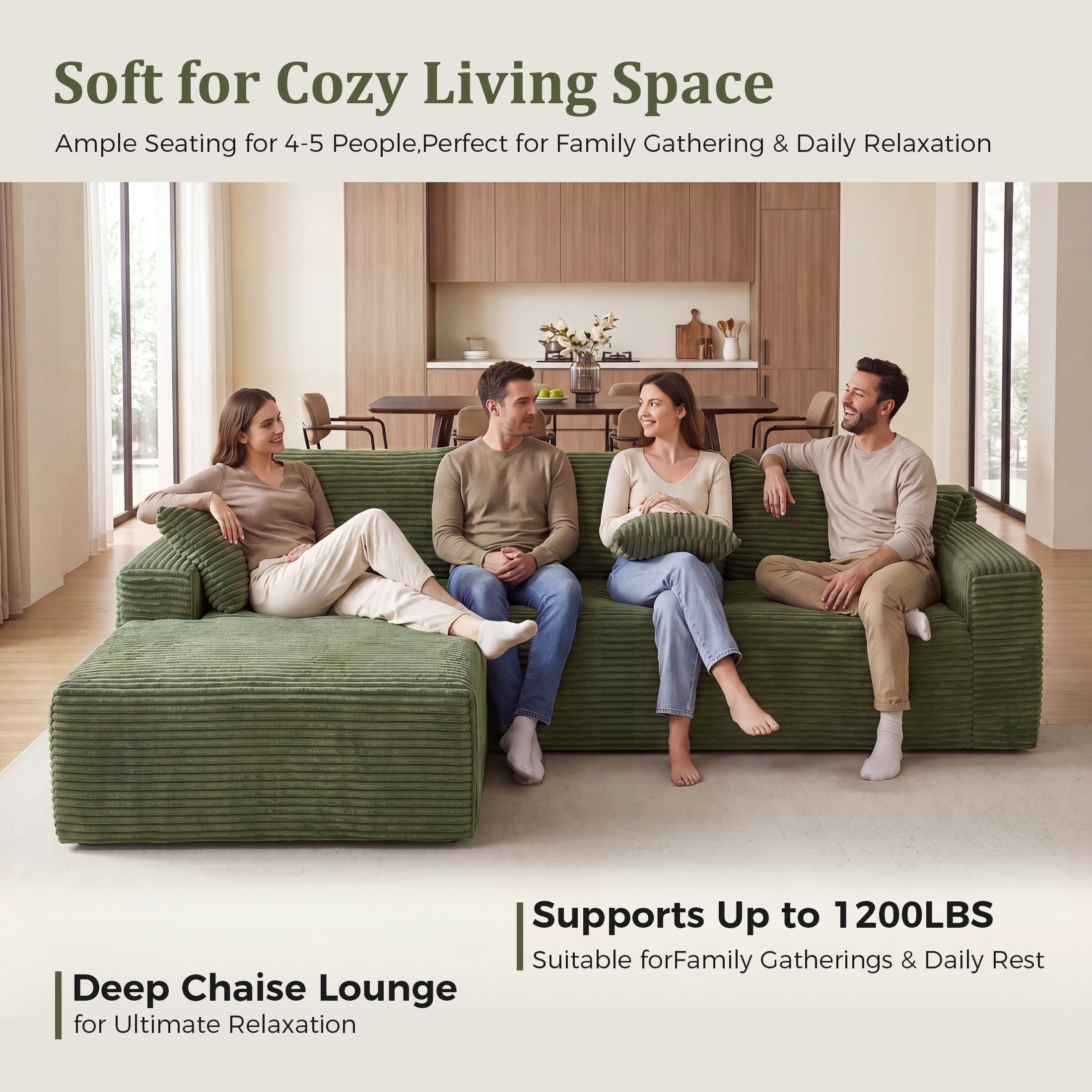 Aenkyo 106 Inch Corduroy L-Shaped Cloud Sectional Sofa with Reversible Chaise, Green