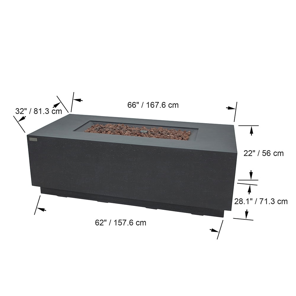 Elementi Andes Propane Fire Pit for Outside Outdoor Firepit Table with Internal Tank Holder Firepit Concrete Rectangular Fire Table Patio Heater Fireplace 60,000 BTUs - Dark Grey, 66 x 32 Inches