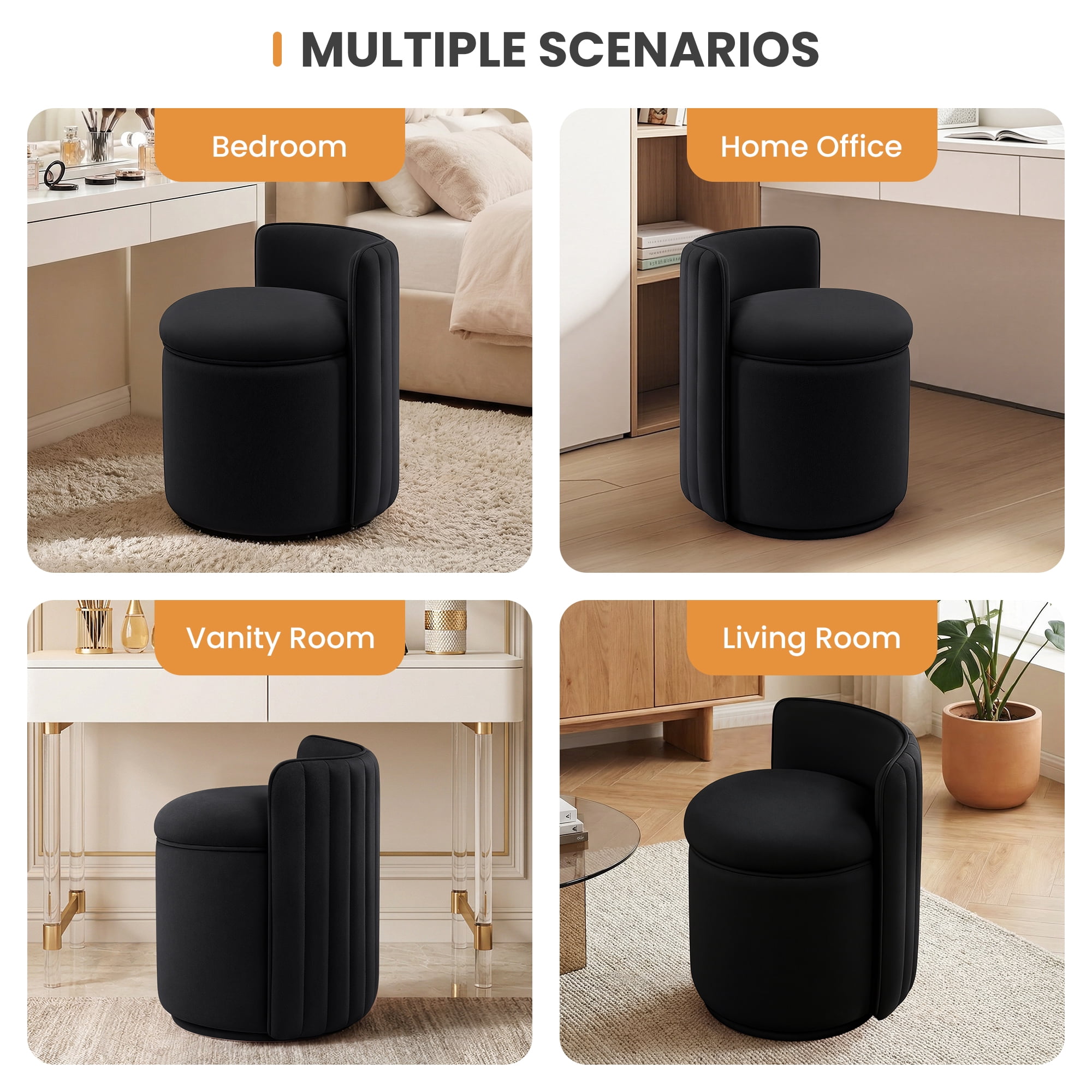 ATHOPE Vanity Chair with Storage, Velvet 360° Swivel Chair with Back, Modern Round Upholstered Bedroom Chair, Comfy Makeup Chair for Dressing, Living Room, No Assembly Required, Black