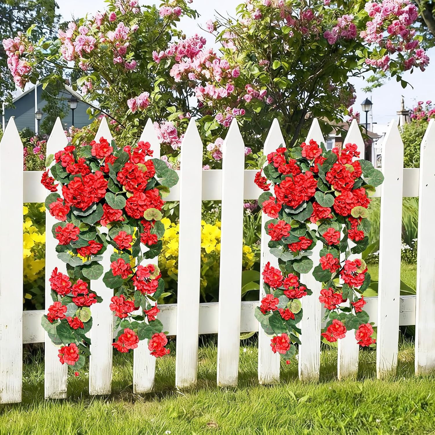 Waipfaru Artificial Hanging Flowers for Outdoors, 4Pcs UV Resistant Faux Silk Geranium Fake Flowers for Garden Porch Window Home Decor(Red)