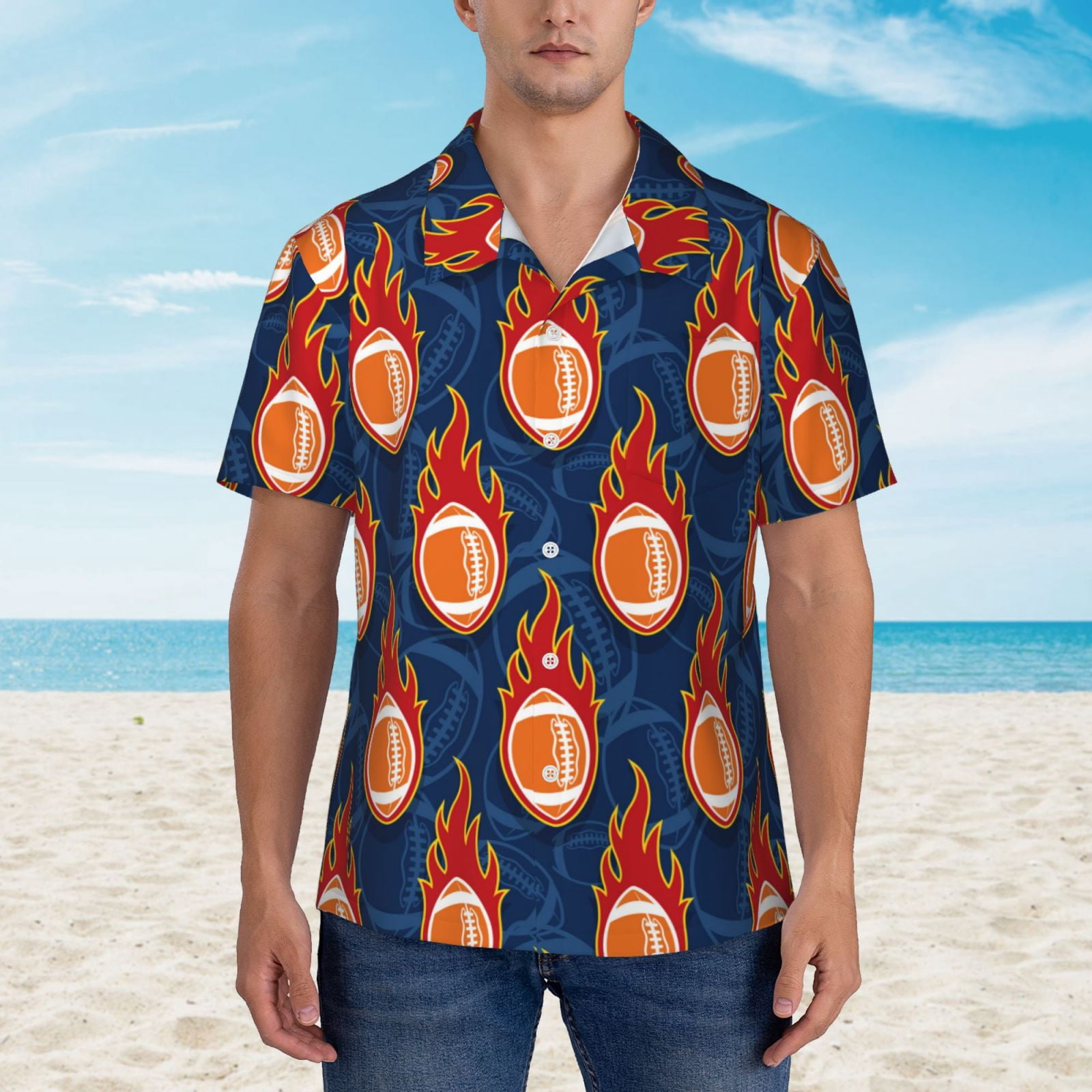 Logiee American Football and Fire Flames Print Mens Hawaiian Shirts,Loose-Fit Short Sleeve Button Down Tropical Aloha Beach Shirt,Summer Vacation Wedding Tops,Small