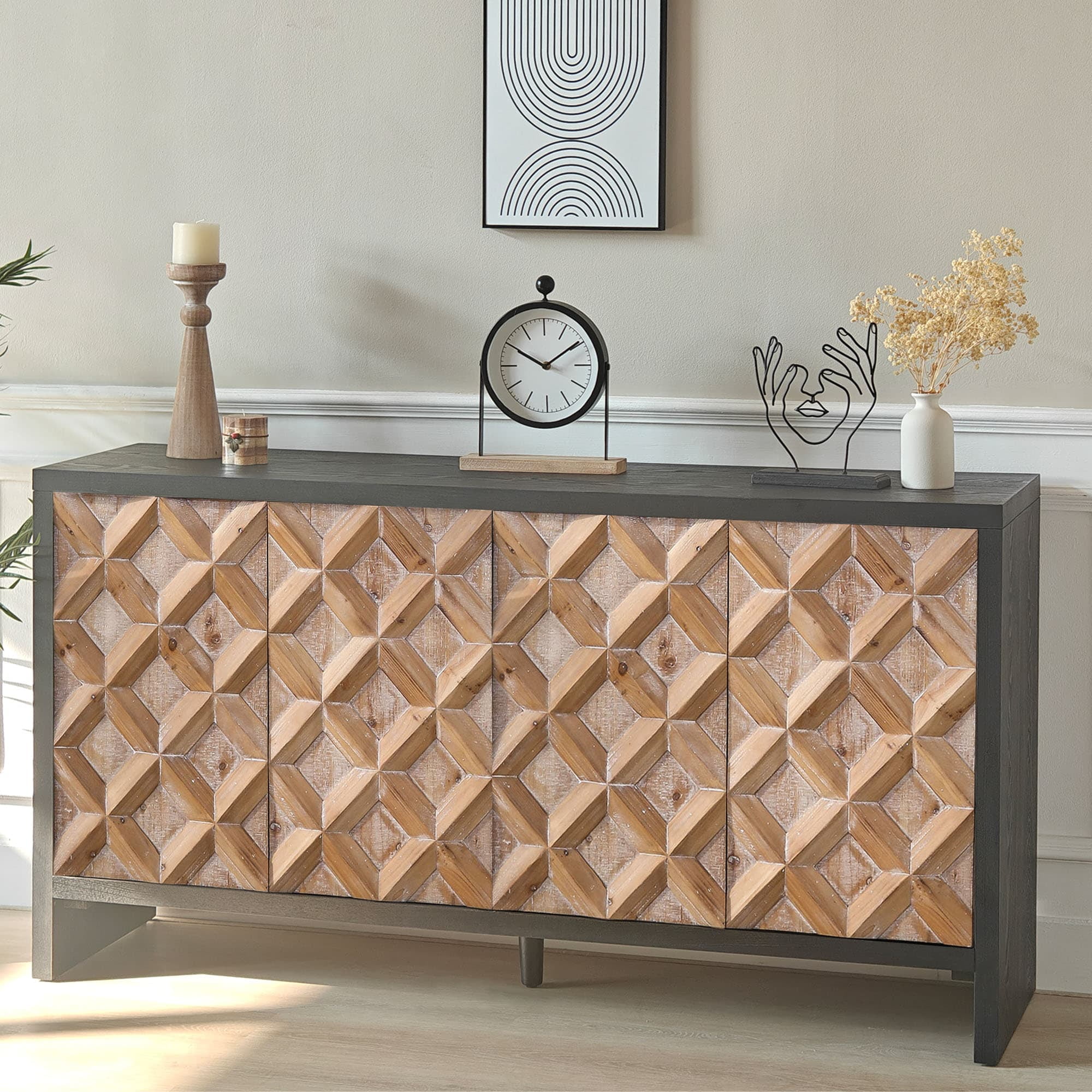 Rustic 4 - Door Wood Cabinet with Geometric Pattern – Modern Storage Solution for Any Space