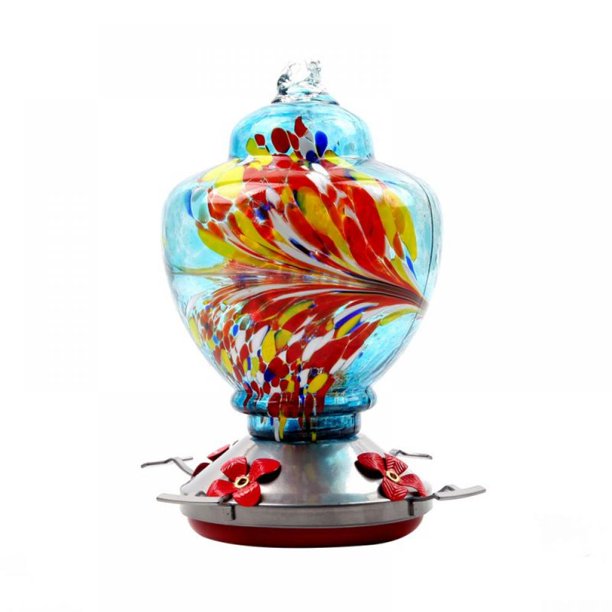 Hummingbird Feeder with Perch Hand Blown Glass Red Fluid Ounces