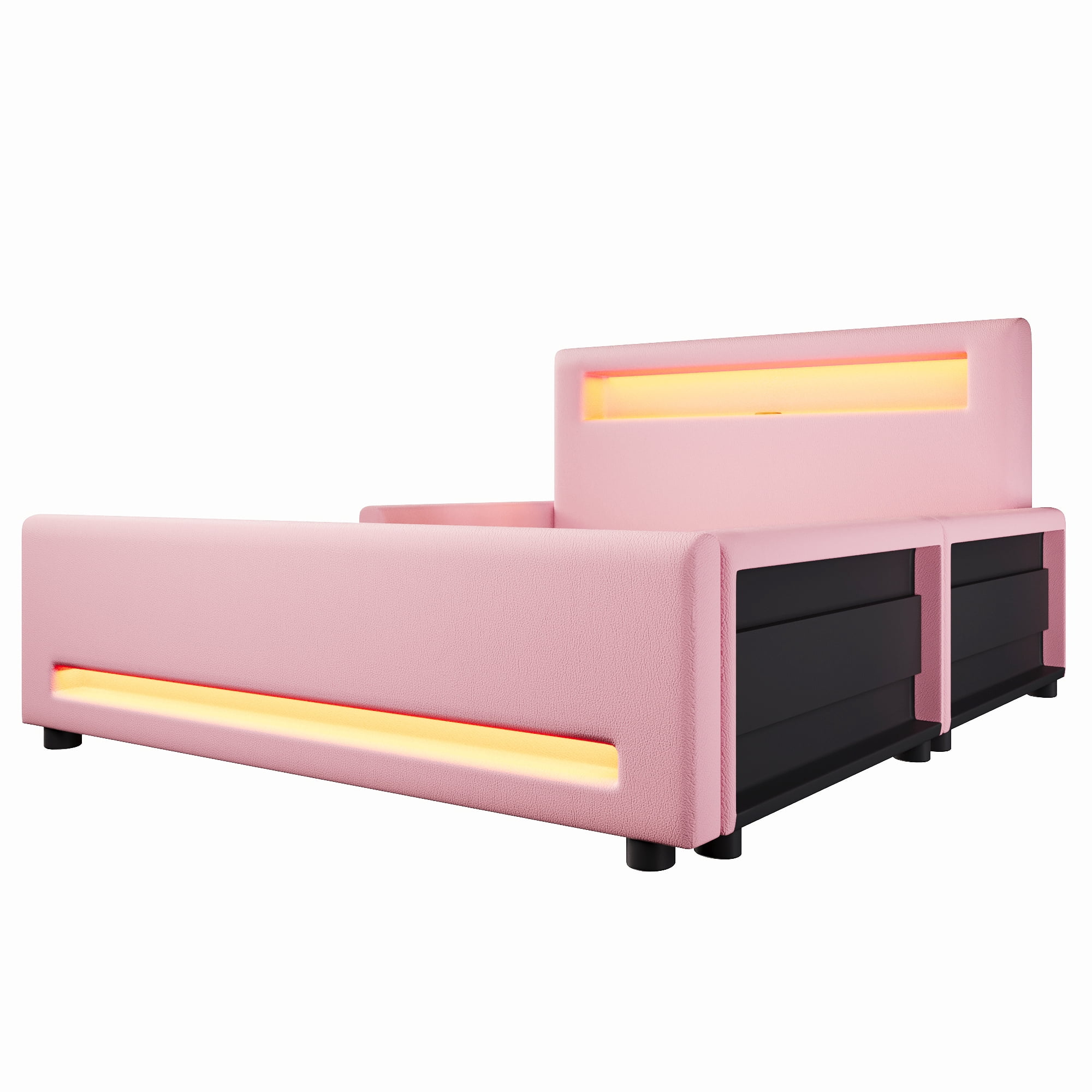 Euroco Upholstered Full Size Platform Bed with LED Light and USB Ports, 2 Drawers, Pink