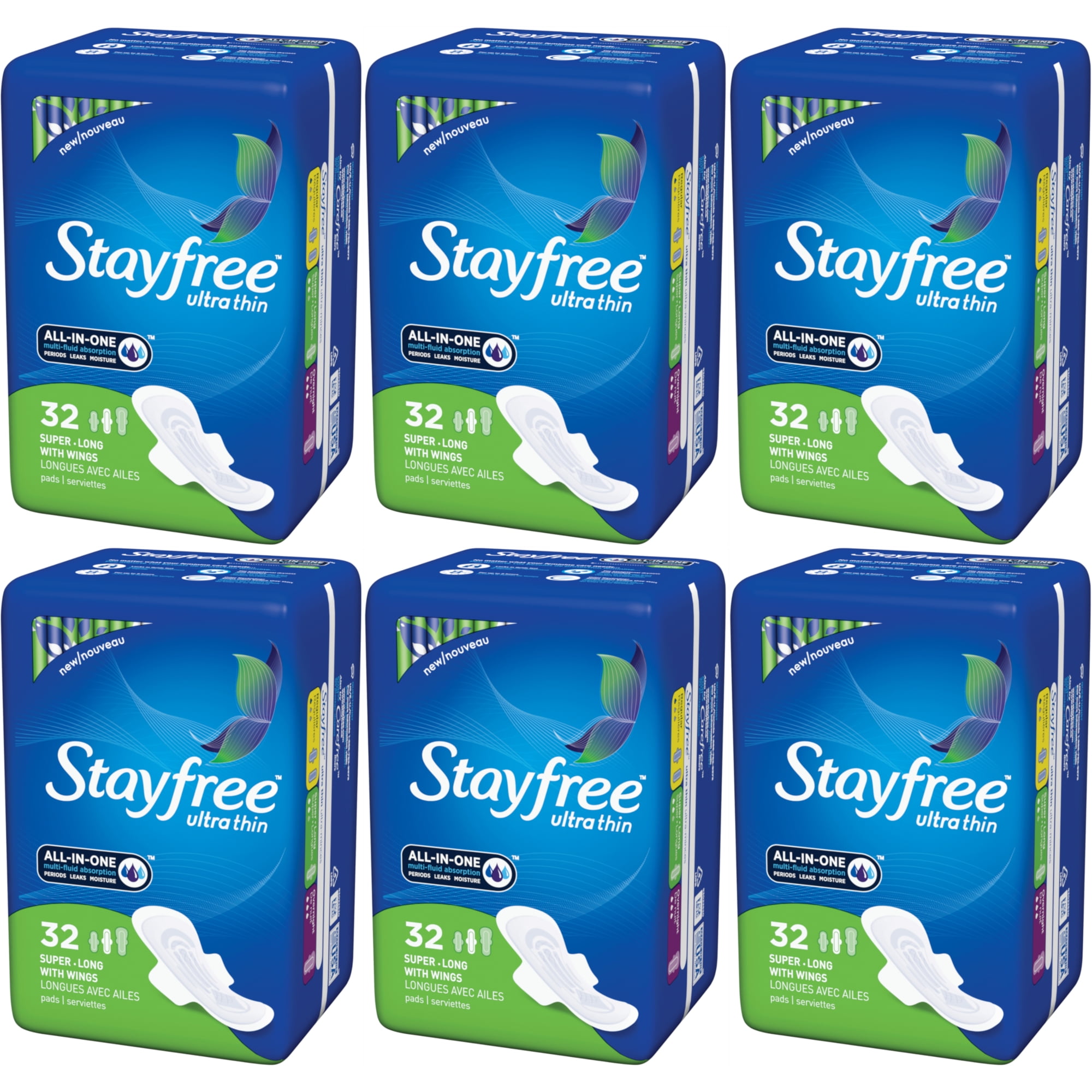 6 Pack Stayfree Ultra Thin Pads for Women with Wings Super Long 32