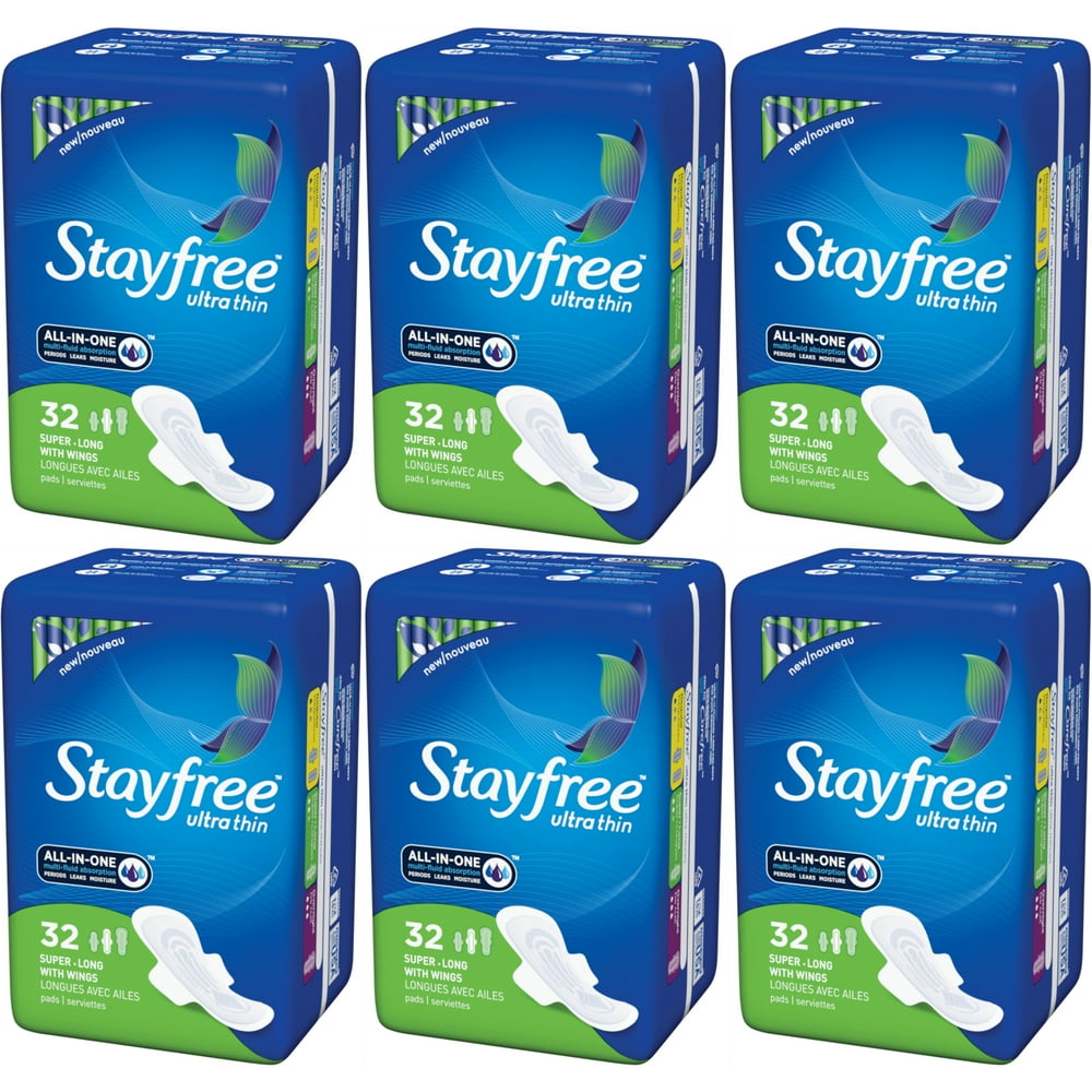 6 Pack Stayfree Ultra Thin Pads for Women with Wings Super Long 32 Count Each