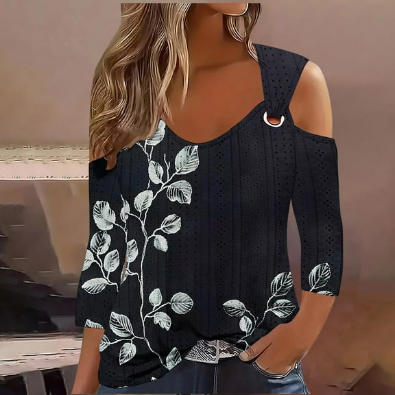 OKSALE Women Plus Size 3/4 Sleeve Tunic Top Trendy Floral Print Shirts Cold Sholuder Eyelet T-Shirts 2025 Summer Clothes Loose V Neck Tunics for Beach Vacation