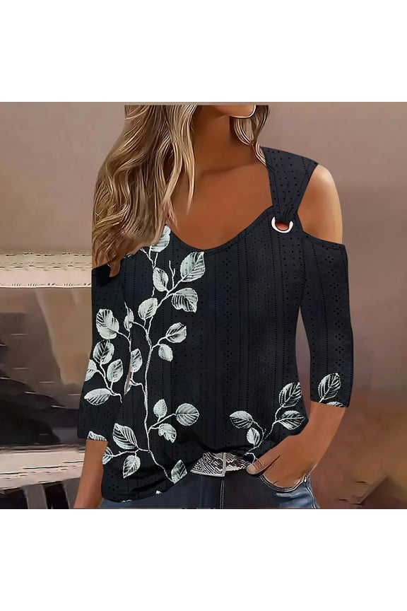 3/4 Length Sleeve Cold Shoulder Womens Plus Size Eyelet Tops Summer Casual Blouse Trendy Dressy Boho Floral Shirts