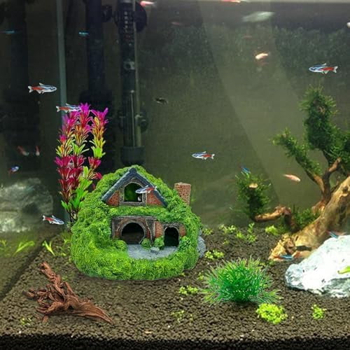 Fish Tank Hobbit Decorations,Resin Small Fish Cave Hideout House,Aquarium Decor Hide Hole Shelter Hut Ornaments Mini Garden Decorating Accessories