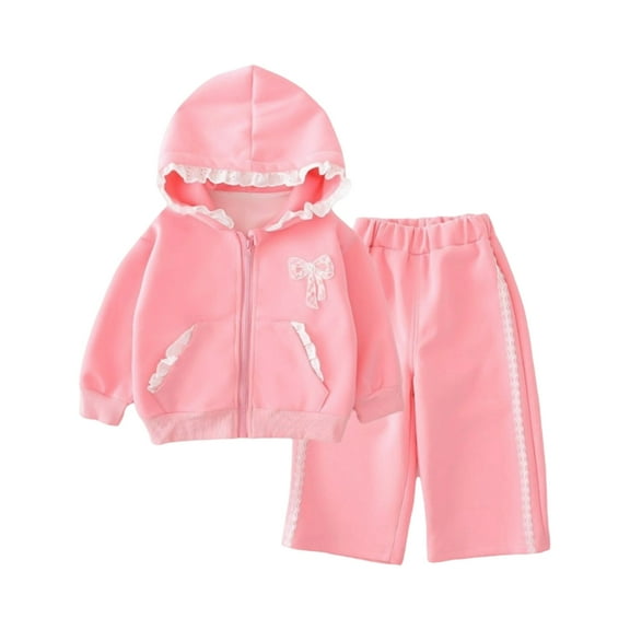 Toddler Girls Hooded Sweatshirt and Pants Set Ruffle Trim Zipper Jacket Two Piece Outfit for Kids Casual Wear