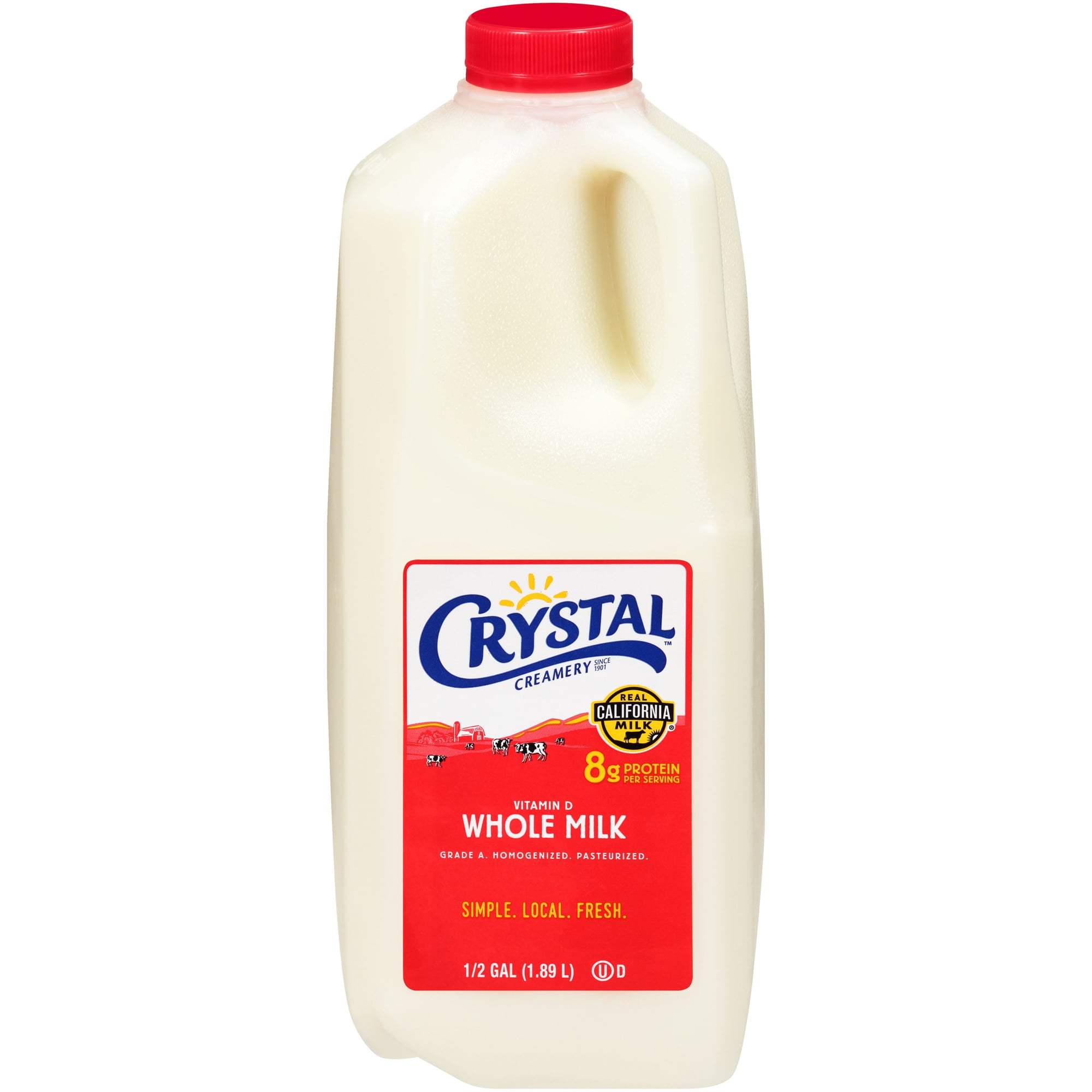 Crystal Creamery Real California Vitamin D Whole Milk, Gluten Free, Half Gallon Jug, 64 fl oz