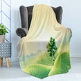 thumbnail image 4 of Landscape Soft Flannel Fleece Throw Blanket, Sunrise on Rural Valley Fields Hills Tree Illustration, Cozy Plush for Indoor and Outdoor Use, 60" x 80", Cream Fern Green, by Ambesonne, 4 of 5