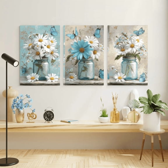 3pcs Daisy Flower Butterfly Canvas Art Rustic Flowers Blue Glass Vase Bathroom Decor, Farmhouse Vintage Floral Painting Poster Romantic Print Country Style Modern Artwork For Kitchen Bedroom Office