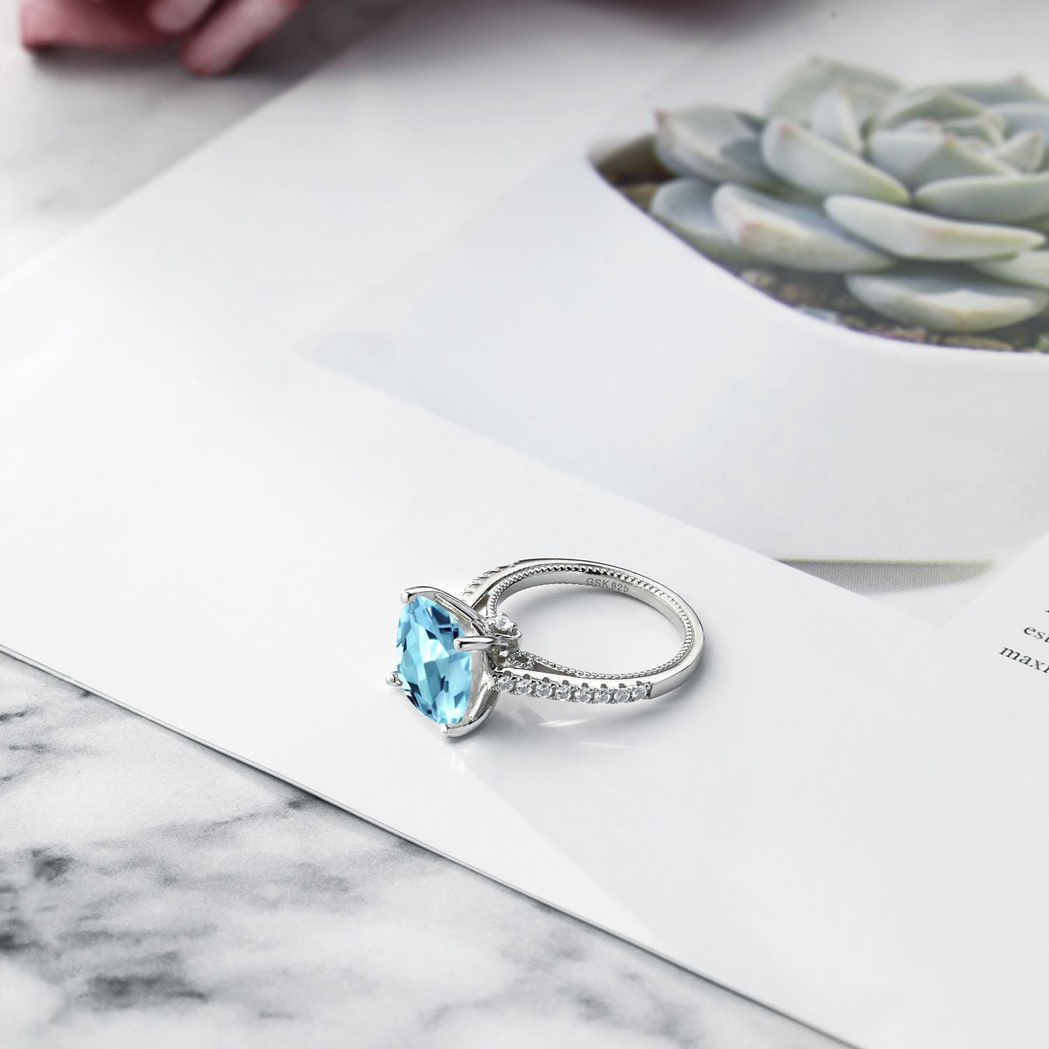 Gem Stone King 4.52 Cttw Sky Blue Topaz and White Created Sapphire Engagement Ring for Women | 925 Sterling Silver | Cushion 10MM | Wedding Engagement Anniversary Promise Ring for Women| Size 9