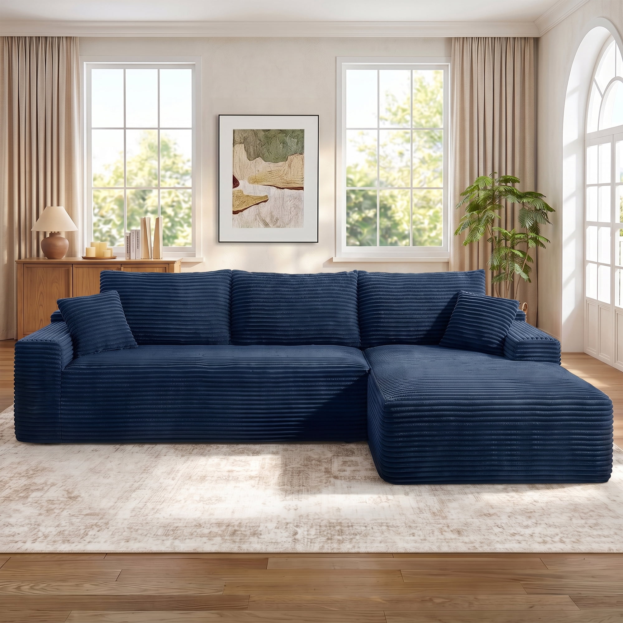 Aukfa 107" Boneless Modular Sectional Sofa, L-Shaped Corduroy Couch with Deep Seat and Right-Facing Chaise for Living Room, Blue