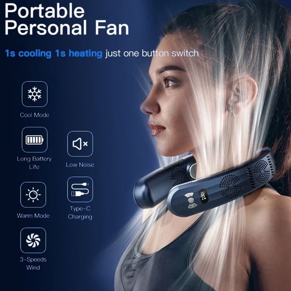 CNV Professional 2-in-1 Portable Neck Fan and Heater, 6000mAh Bladeless Personal Air Conditioner with 3 Speeds and LED Display, USB-C Rechargeable Wearable Cooling Neckband for Outdoor Sports