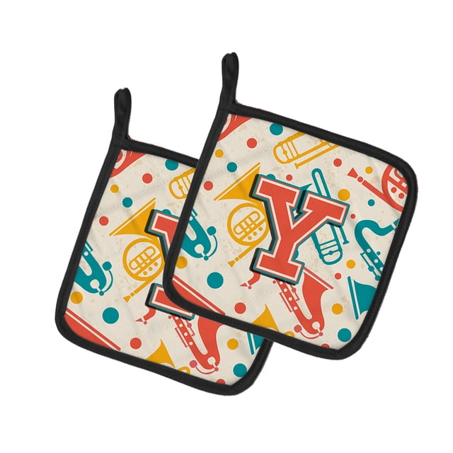 Carolines Treasures CJ2001-YPTHD Lettre Y Rétro Sarcelle Orange Instruments de Musique Initiale Paire de Porte-Pot, 7,5 x 3 x 7,5 Po.