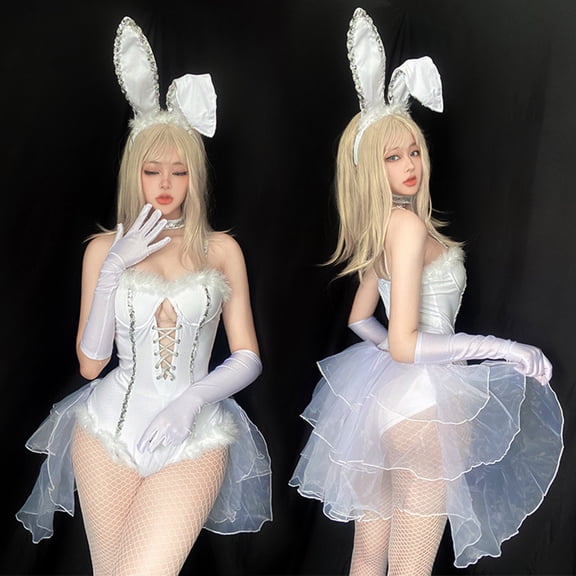 FASHOFT Women's Halloween Costumes Bunny Girl Suit Set Rabbit Cosplay Outfit Easter Holiday Party Stage Performance Fancy Dress Up Halloween Costume L