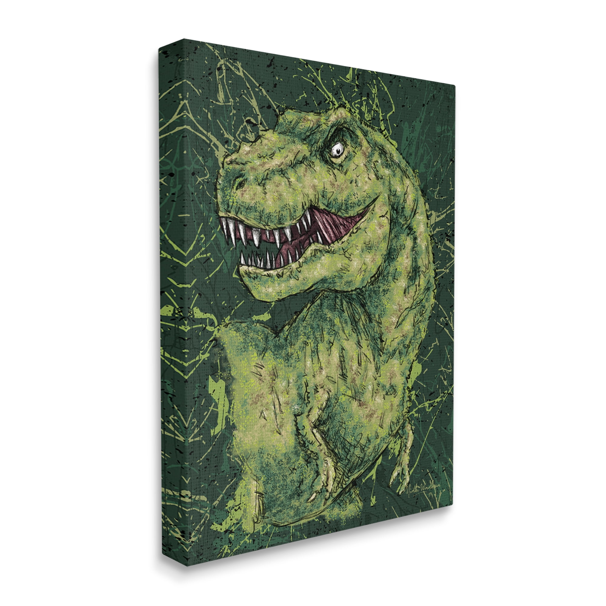 Stupell Industries Green Abstract T-Rex Animals & Insects Painting Gallery Wrapped Canvas Art Print Wall Art, 36 x 48