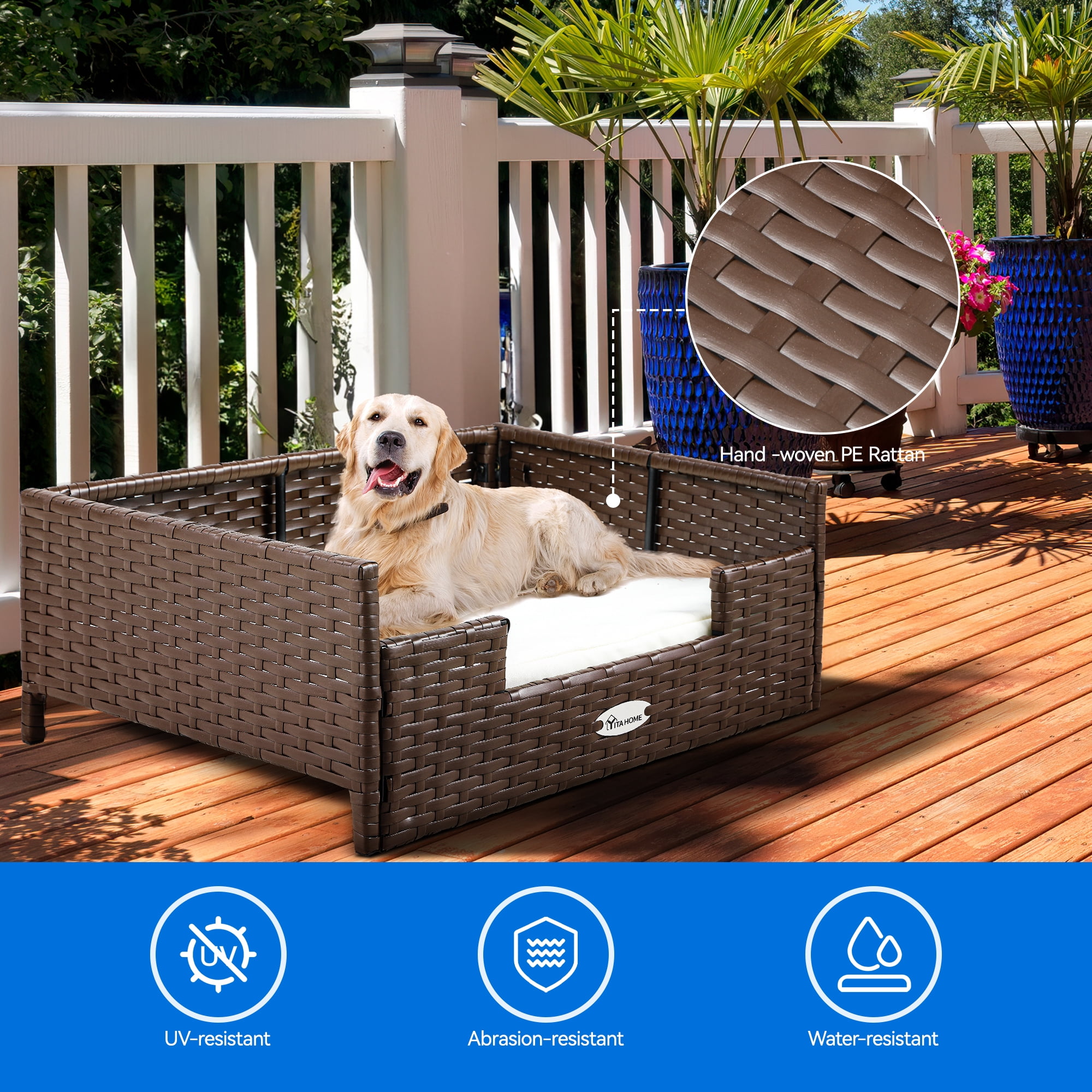 Dextrus Rattan Dog Bed for Large Medium Dogs and Cats, 34.6''Lx23.6''Wx11.8''H Indoor Outdoor Pet Bed with Beige Cushion