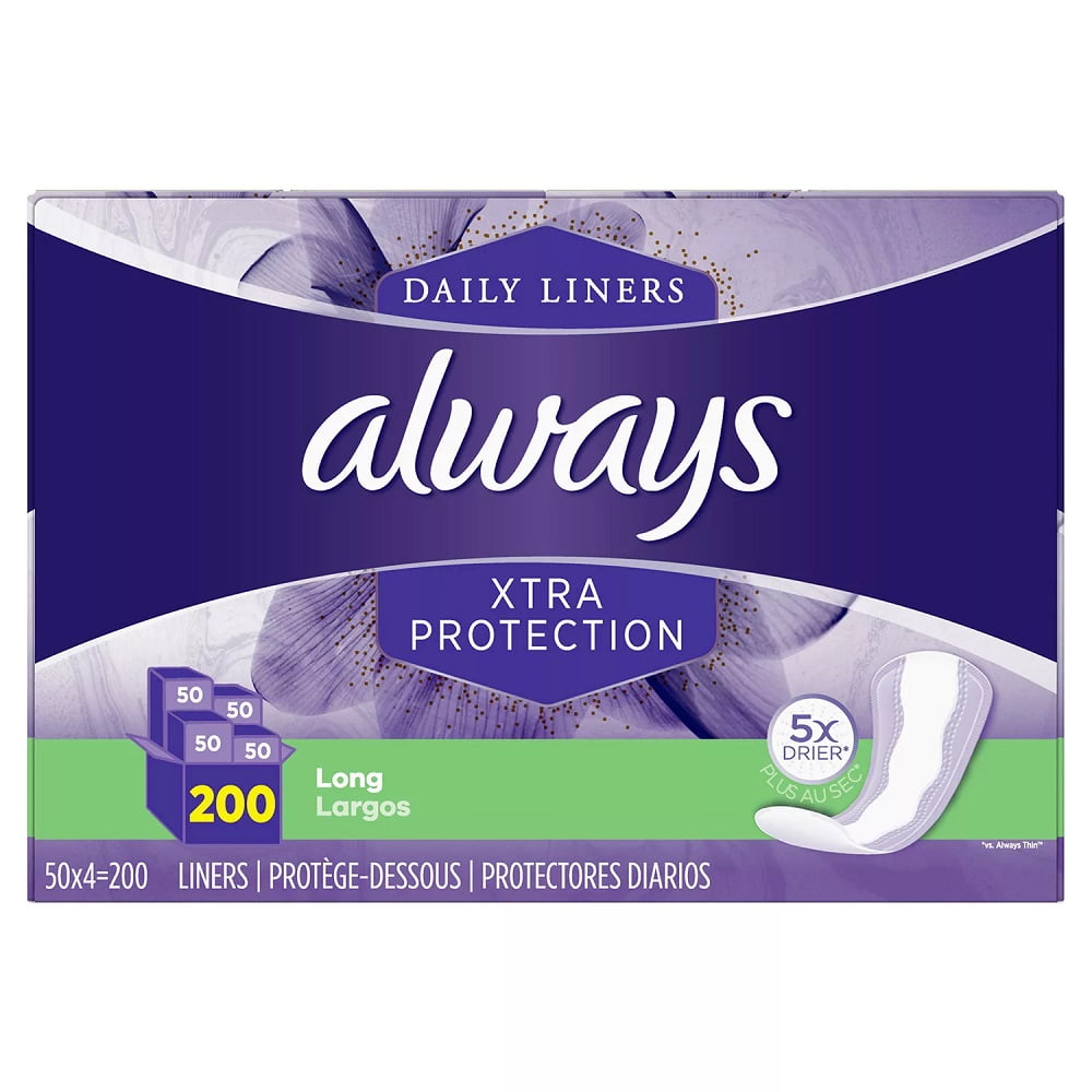 Always Anti-Bunch Xtra Protection Daily Liners, Long, Unscented 200 ct