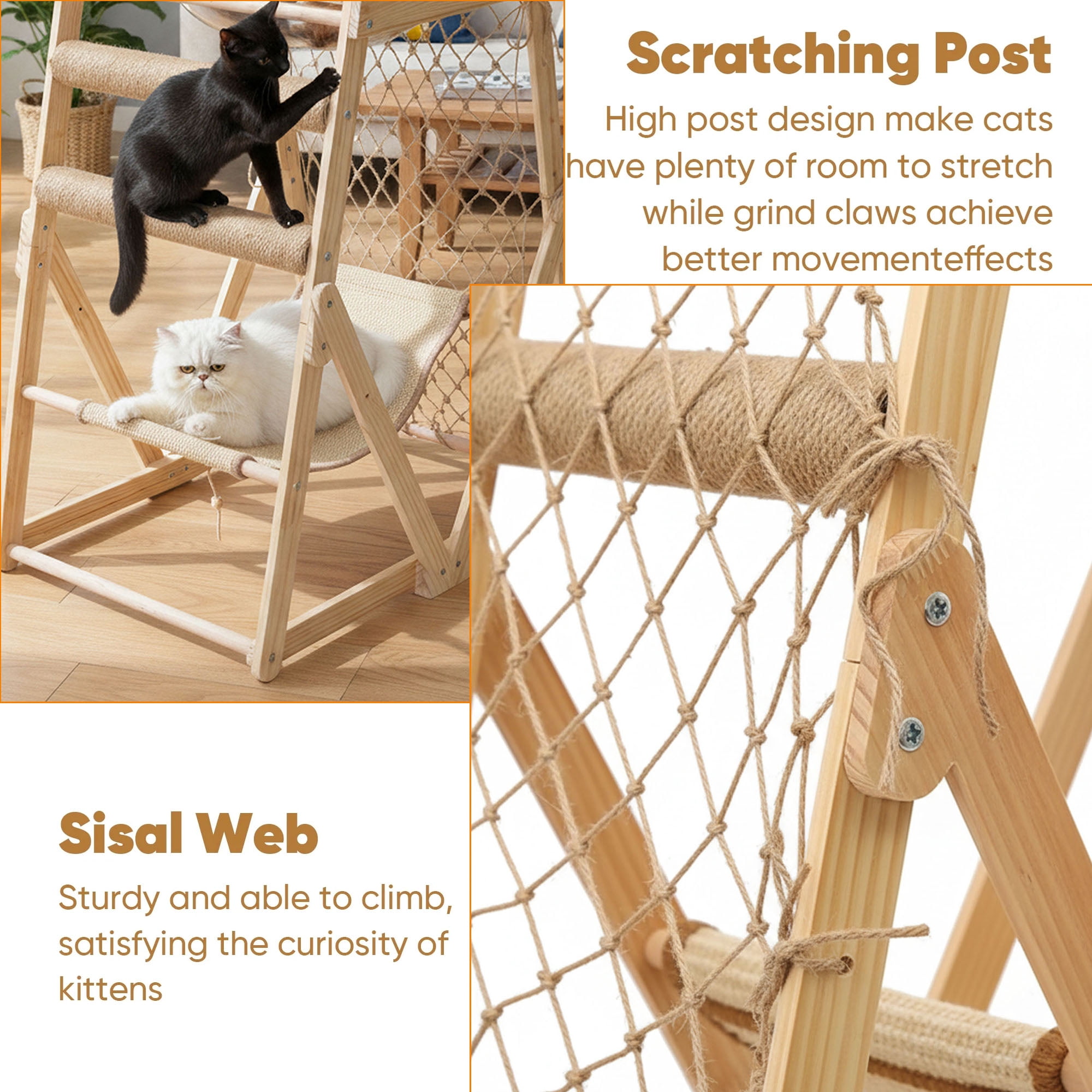 AIWFL Cat Hammock with Acrylic Cat Nest, Cat Tower for Indoor Cats with Straching Post Climbing Web and Danging Sisal Ball, Cute Solid Wood Cat Tree