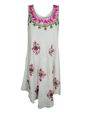 Mogul Womens FLORAL Caftan Tank Dress White Floral Embroidered Sleeveless Beach COVER UP Sundress