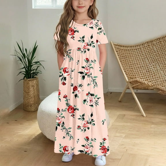 JUSLIO Girls Pleated Dress with Pockets Crew Neck Short Sleeve Casual Dresses Size 6