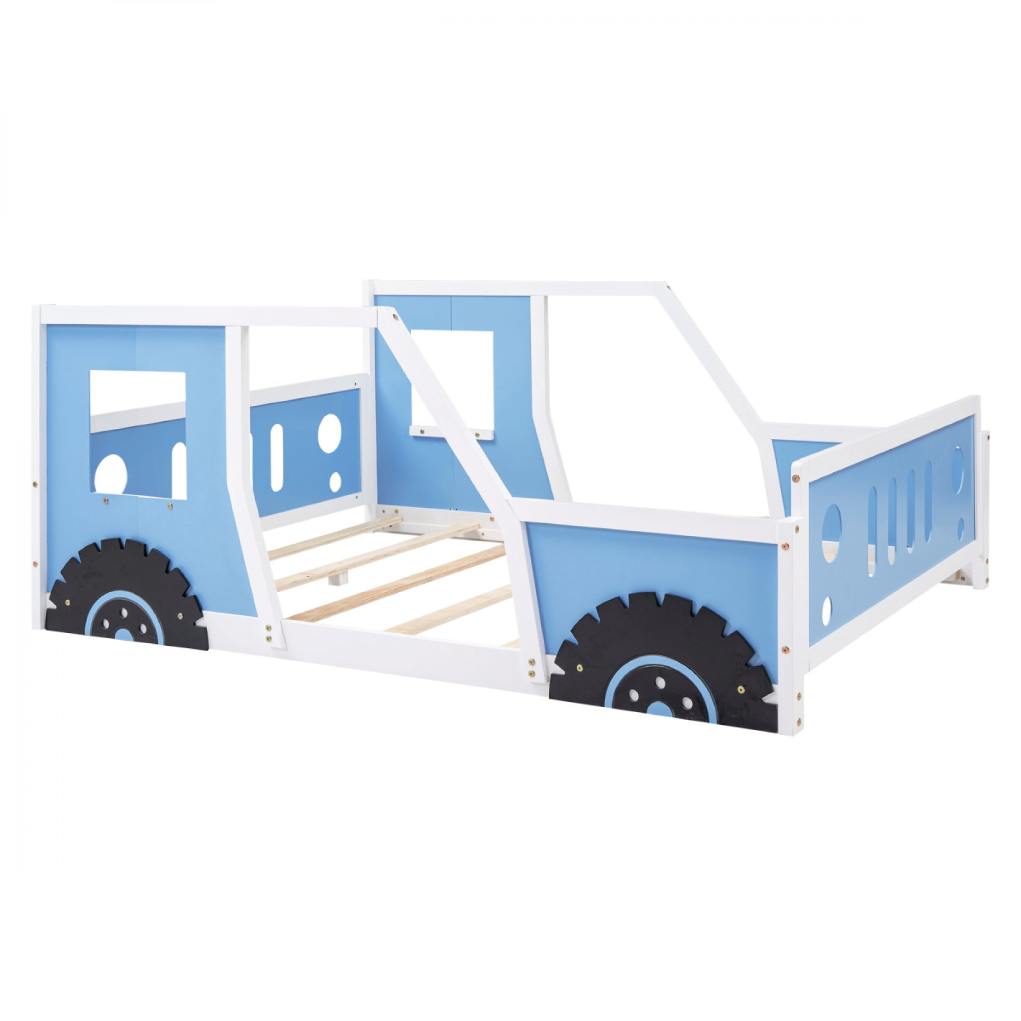 Full Size Classic Car-Shaped Platform Bed with Wheels, Wooden Kids Bed Frame for Bedroom, No Box Spring Needed,Blue