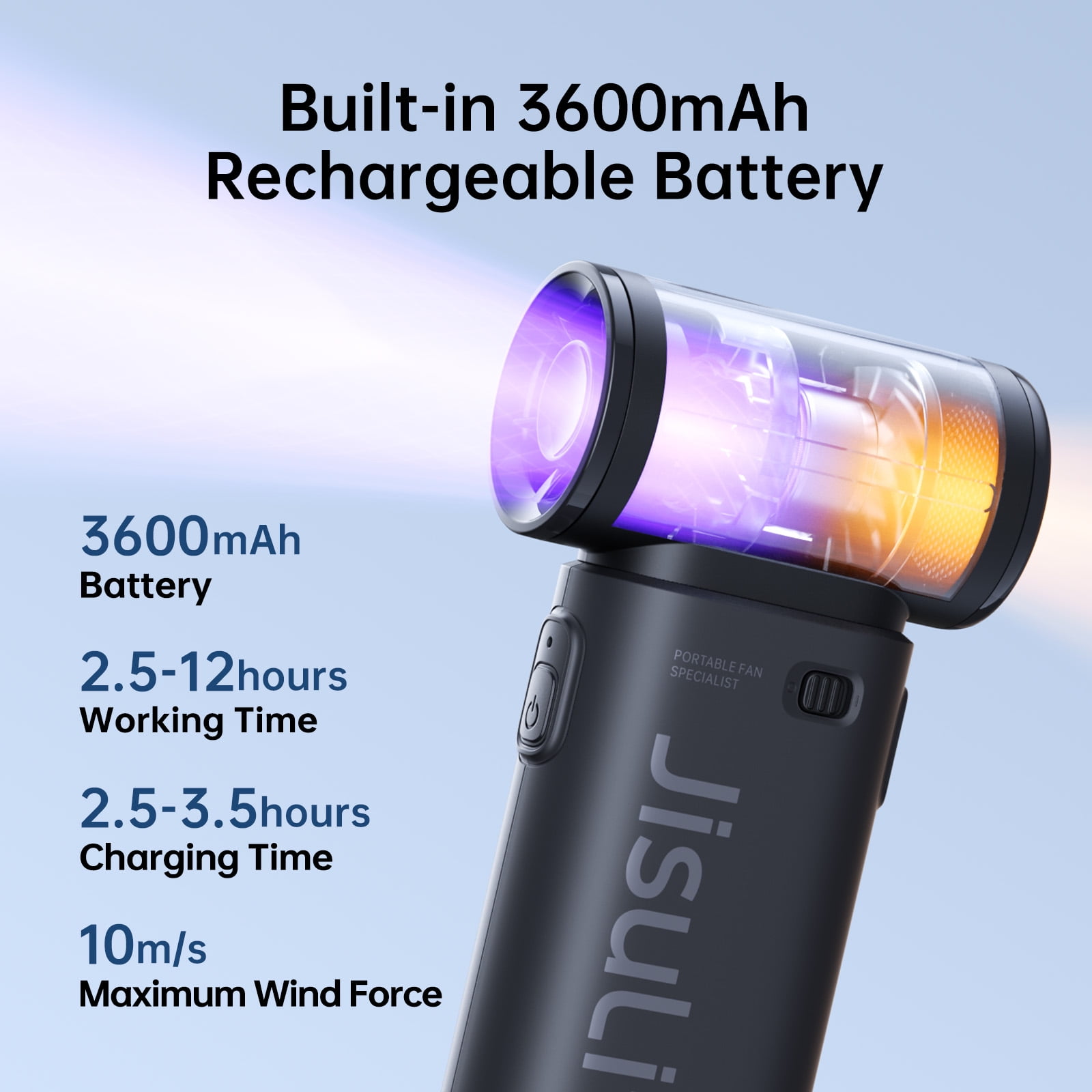 JISULIFE Portable Handheld Fan, Powerful Turbo Brushless Motor [12H Battery Life], 3600mAh USB Rechargeable, 5-Speed, Mini Pocket Design, Gift for Women Men, Travel Outdoor Use-Black