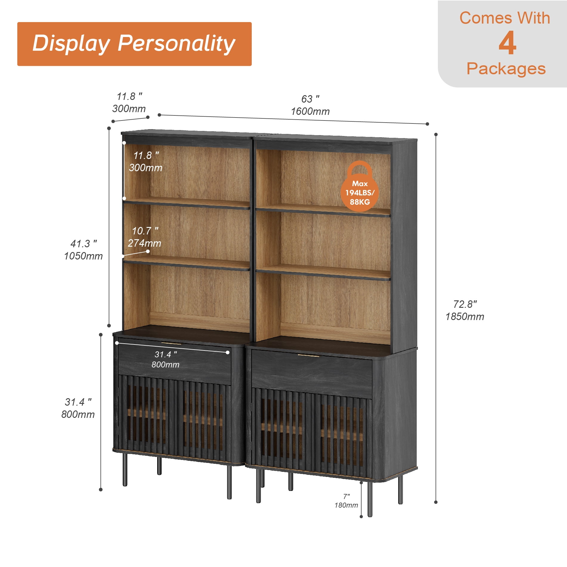 72.8 Inch Tall Bookshelf with Storage Cabinet, 6 Tier Bookcase with Drawer & Adjustable Shelf,Black