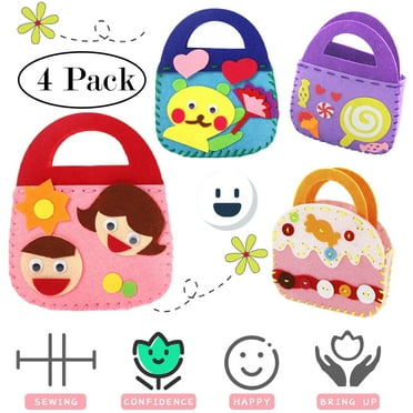 MesaSe 4 Pack Kids Sewing Kits for Beginners（Handbag, Fun DIY Kids Craft and Sew Kits for Boys and Girls Set, Preschool Educational Toys, DIY Art Craft Hand Stitch Play Set