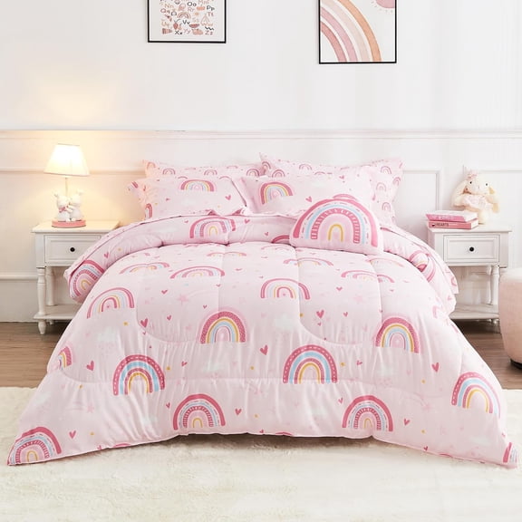 Viviland Bed in a Bag for Kids Girls Teens, 6 Pieces Twin Size Comforter Bed Set with Shams, Sheet Set and Decorative Toy Pillow, Rainbow Pink Super Soft Microfiber Kids Comforter Bedding Set