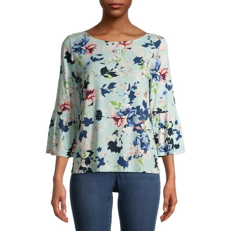The Pioneer Woman Knit Boat Neck Blouse with Flounce Sleeves, Womens