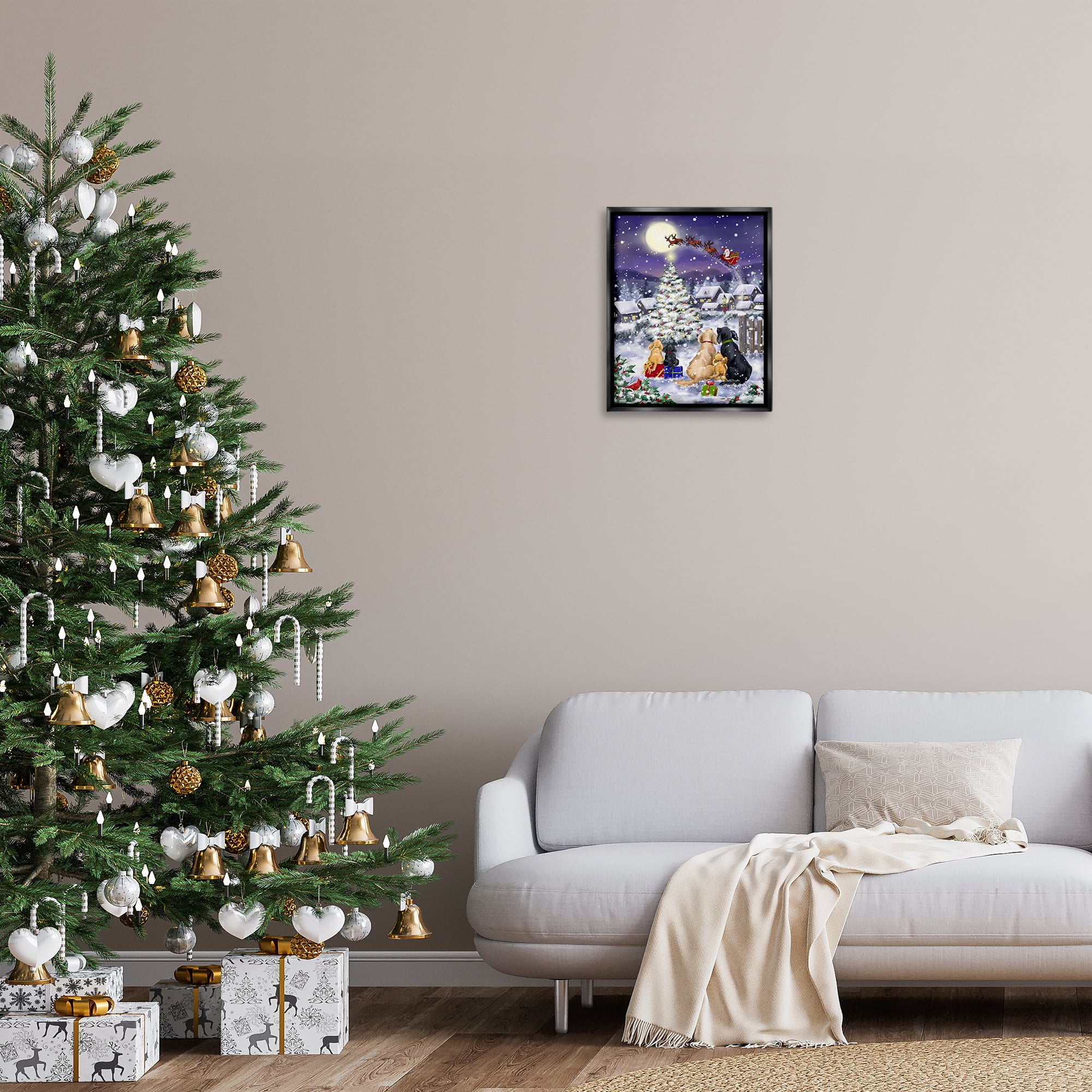 Stupell Industries Dogs Watching Sleigh Holiday Painting Black Floater Framed Art Print Wall Art, 17 x 21