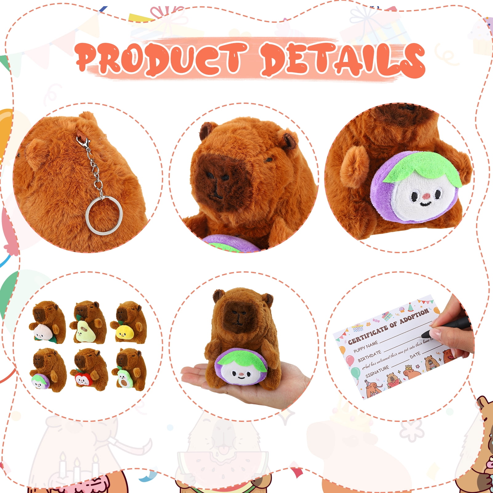 KABOER 103 Pcs Adopt An Animals Party Favor, Capybara Themed Include 12 Pcs 4.72 inch Stuffed Capybara, Adoption Card, Birthday Hats, Paper Boxes and Stickers for Party Supplies Birthday Gifts