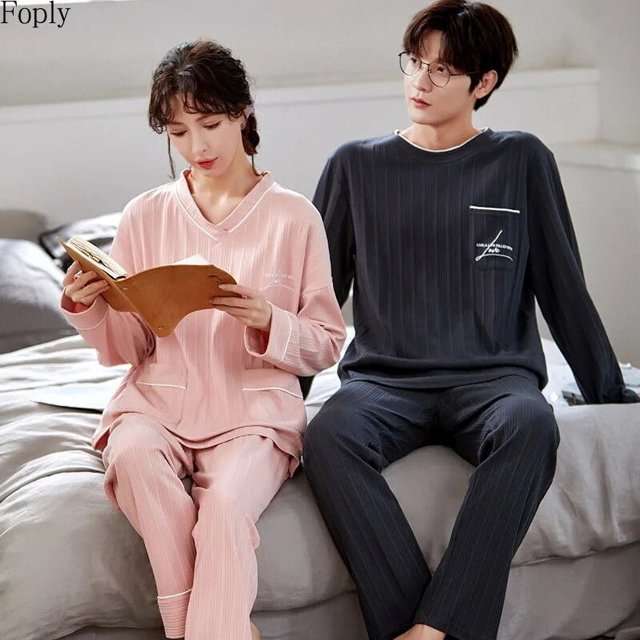 Conjuntos de Pijamas de algodón 100% para parejas, ropa de dormir cómoda de talla grande para Otoño e Invierno