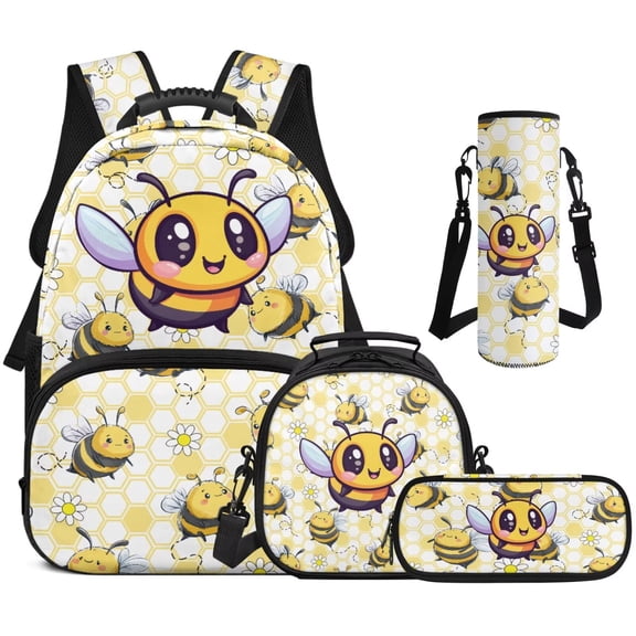 Pzuqiu Cute Bee School Backpack for Girls Kids Backpacks for Girls Backpack Lunch Box with Pencil Bag Water Bottle Holder, 17 Inch Travel Daypack Camping School Bag 4pcs