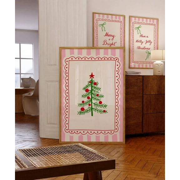 Vintage Christmas Wall Art Girly Pink Christmas Tree Poster, Size 24''x36''-Gategoo