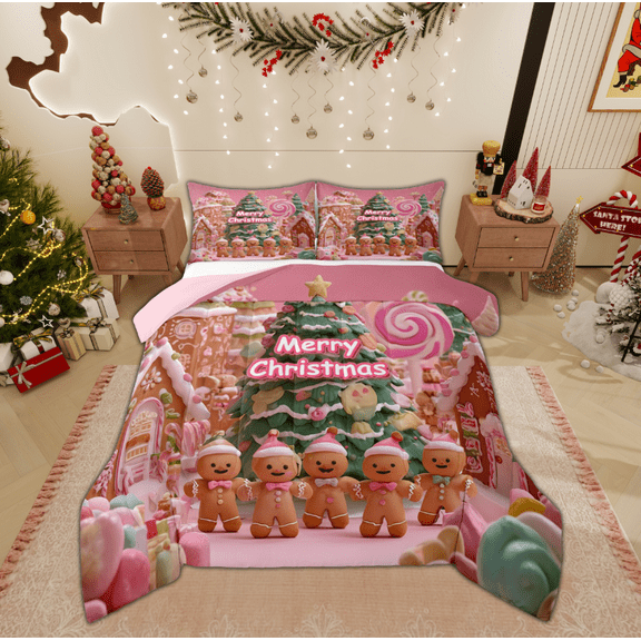 Feelyou Merry Christmas Bedding Comforter Set for Kid, Kawaii Gingerbread Man Twin Comforter Sets, Green Xmas Tree Reversible Bedding Set, Luxury Bedroom Decor, 2pcs