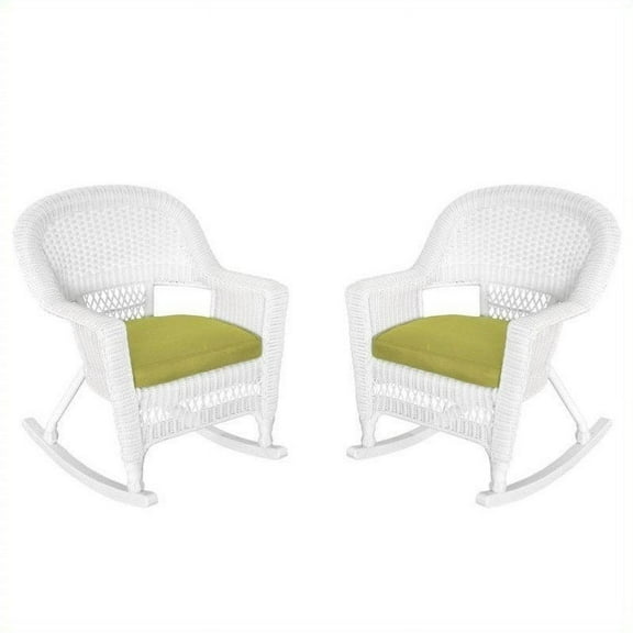 Jeco Rocker Wicker Chair in White with Green Cushion (Set of 2)