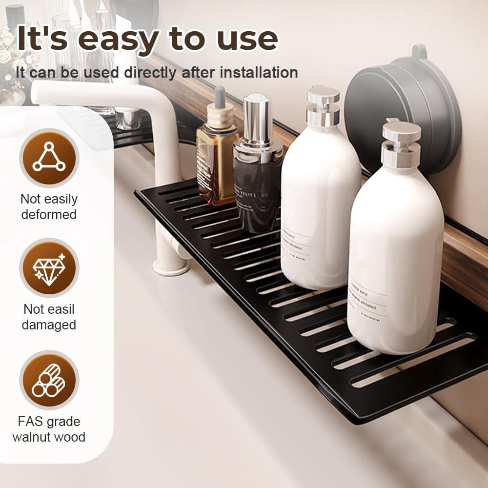 Sink No-Drill Bathroom Organizer Shelf, Walnut Bathroom Kitchen Suction Storage Holder