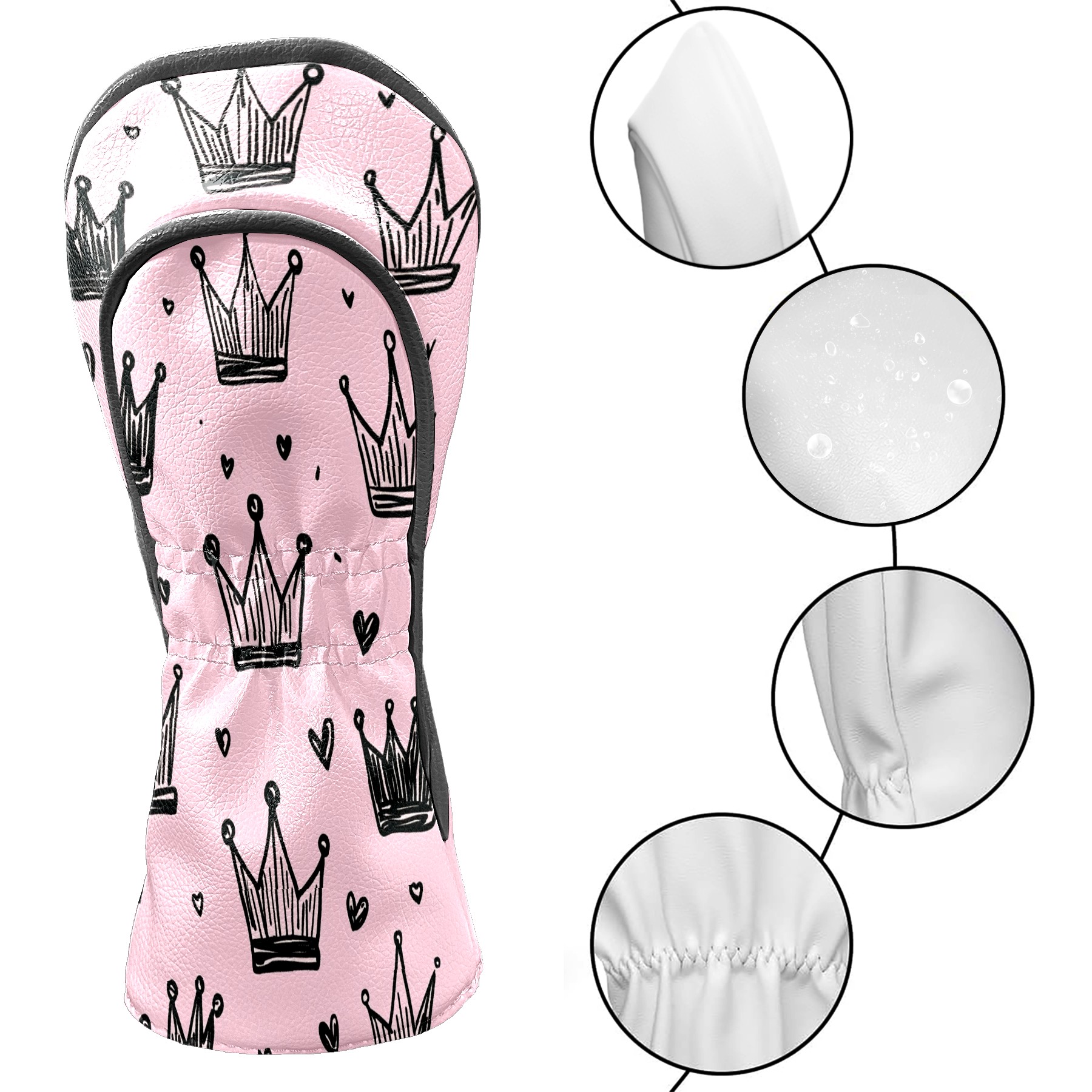 Golf Club Covers, Pink Black Crowns Premium PU Leather Driver Hybrid Putter Head Covers with Velvet Lining, Waterproof Golf Gifts for Men Women