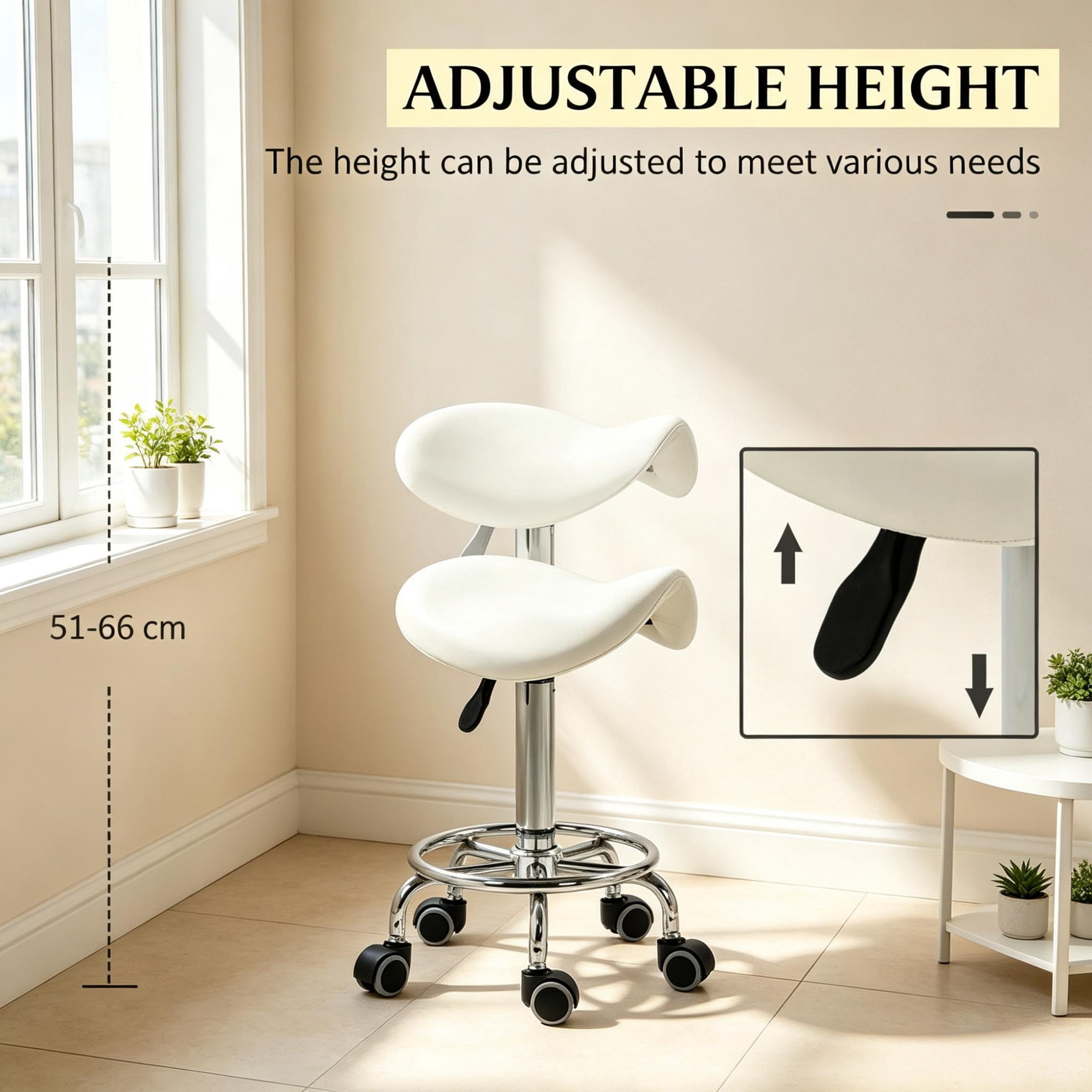 PU Leather Saddle Rolling Stool, Adjustable Height with Wheels for Massage, Spa, Beauty Tattoo, White