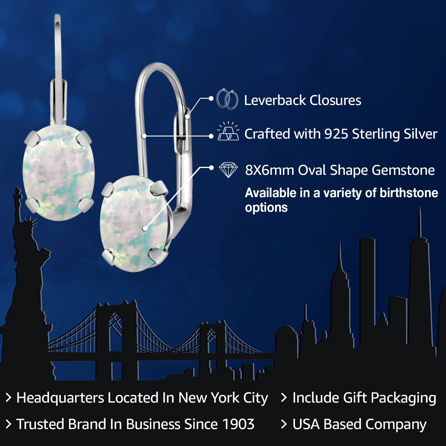 Gem Stone King 925 Sterling Silver Oval Cabochon White Simulated Opal Earrings for Women (2.10 Cttw, Oval 8X6MM)