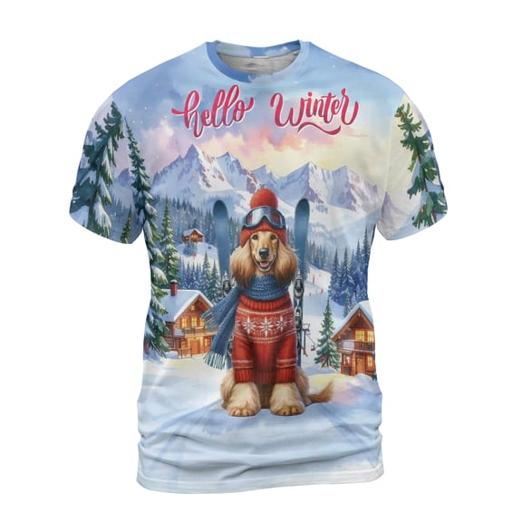 Hello Welcome Winter The Ski Afghan Hound Snowy Day All Over Print 3D Shirt Unisex Merch Dog Lover - 13013