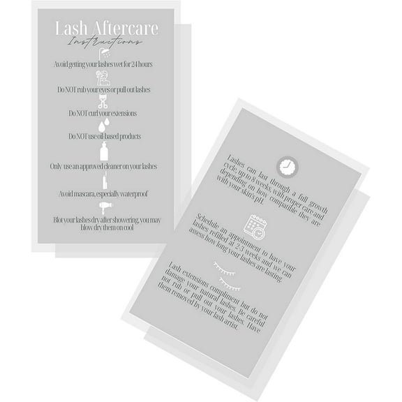 Lash Extension Aftercare Instructions Cards  50 Pack  Double Sided Size 3.5 x 2" inches After Care 2-3 Week Fillers  Gray with White Design